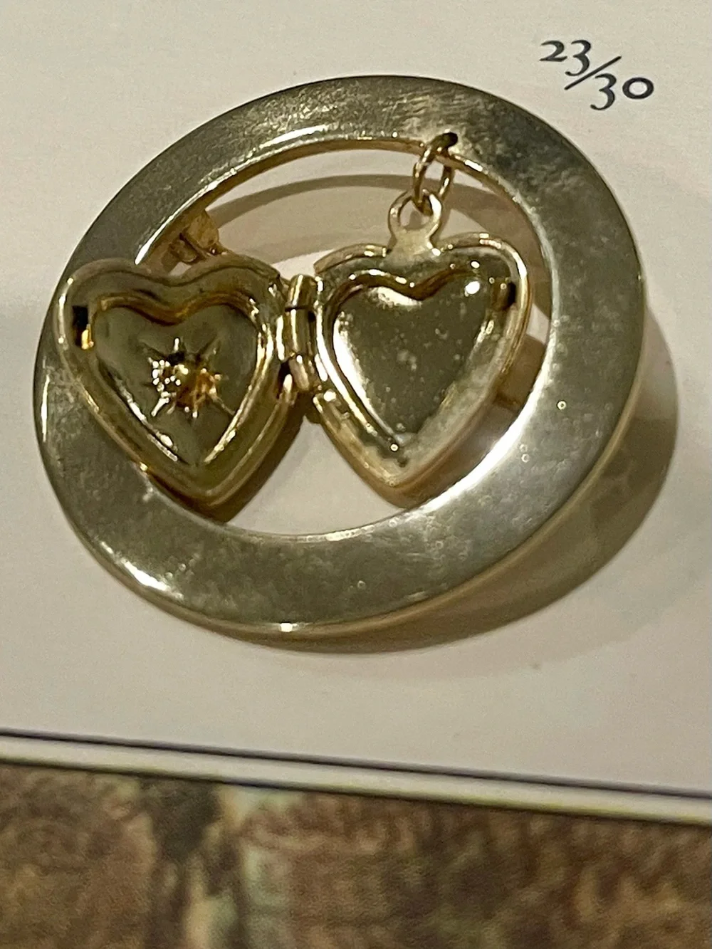 Vintage Gold Heart Locket with Starburst Diamond Flake-Circle Brooch
